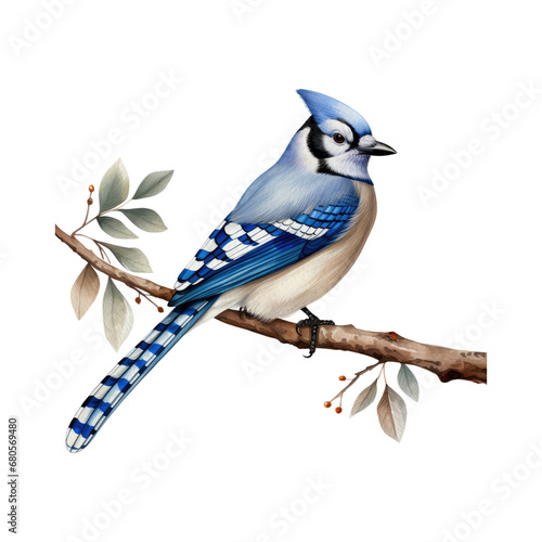 Winter Season Blue Jay Bird Illustration Clipart. Realistic watercolor Blue Jay Bird in the winter forest sublimation for decorations, journal, planner, t-shirt.
