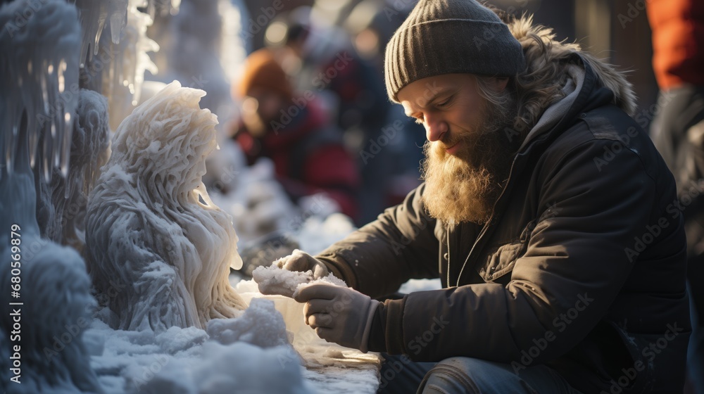A bearded artist focuses intently on sculpting an intricate ice figure, surrounded by the soft glow of sunlight and frozen sculptures.