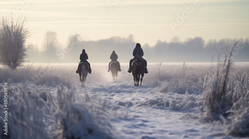 A group of horseback riders journey through a frosty field at dawn, their figures shrouded in mist, creating a peaceful yet mysterious winter scene.