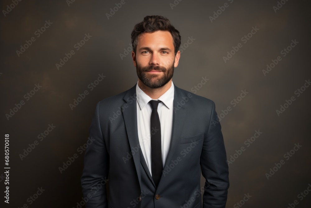 Portrait of a satisfied man in his 30s wearing a professional suit jacket against a plain cyclorama studio wall. AI Generation Portrait of a satisfied man in his 30s wearing a professional suit jacket against a plain cyclorama studio wall. AI Generation