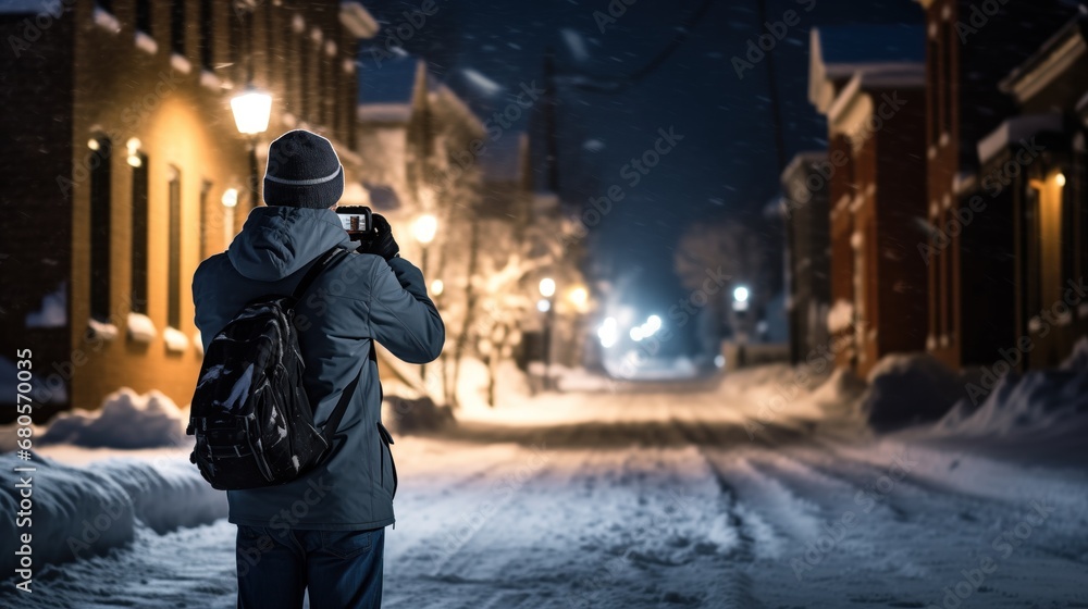 A bundled-up photographer captures the charm of a snow-covered street at night, with streetlights casting a warm glow on the serene scene.