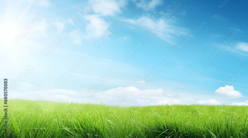 Rural Bliss: Green Meadows,Landscape with green grass and blue sky.AI Generative 