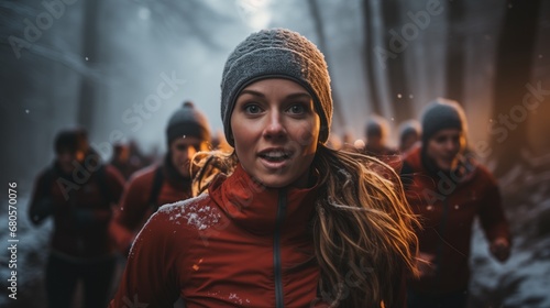 a group of runners  with a woman in a frosted gray beanie leading. They are on a misty  snow-laden forest path  illuminated by a soft glow.