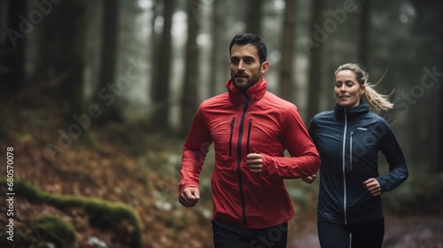 Side by side, two runners, one in a striking red jacket and the other in blue, stride through a misty forest trail, a picture of health and companionship.