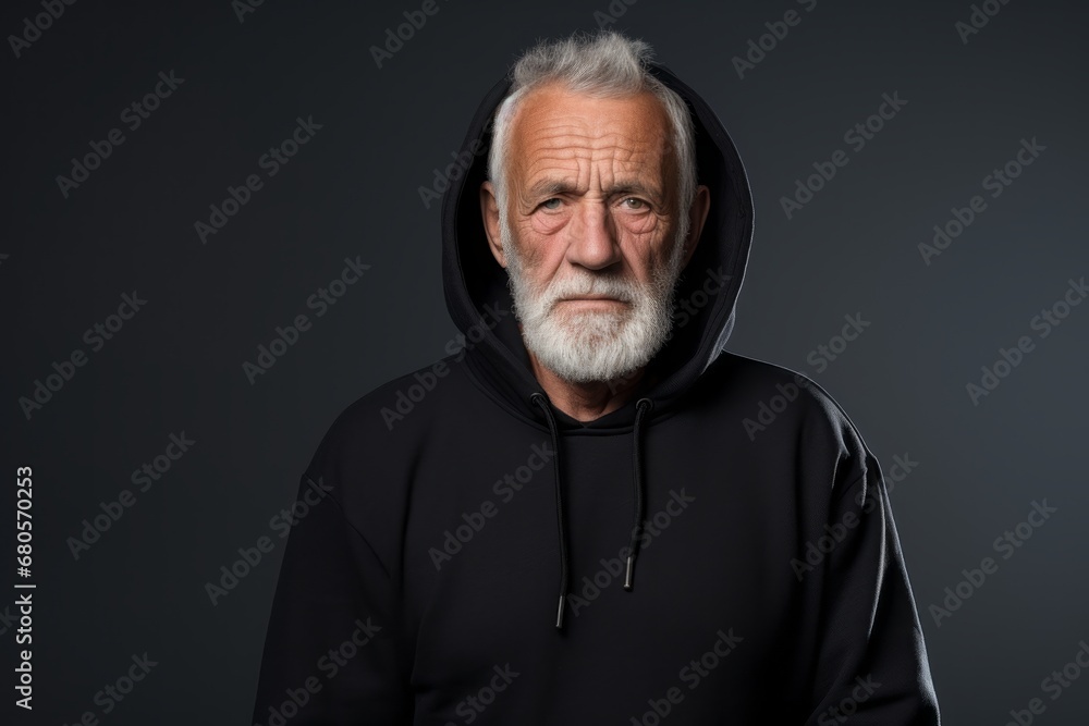 Portrait of a satisfied man in his 70s sporting a comfortable hoodie against a plain cyclorama studio wall. AI Generation Portrait of a satisfied man in his 70s sporting a comfortable hoodie against a plain cyclorama studio wall. AI Generation