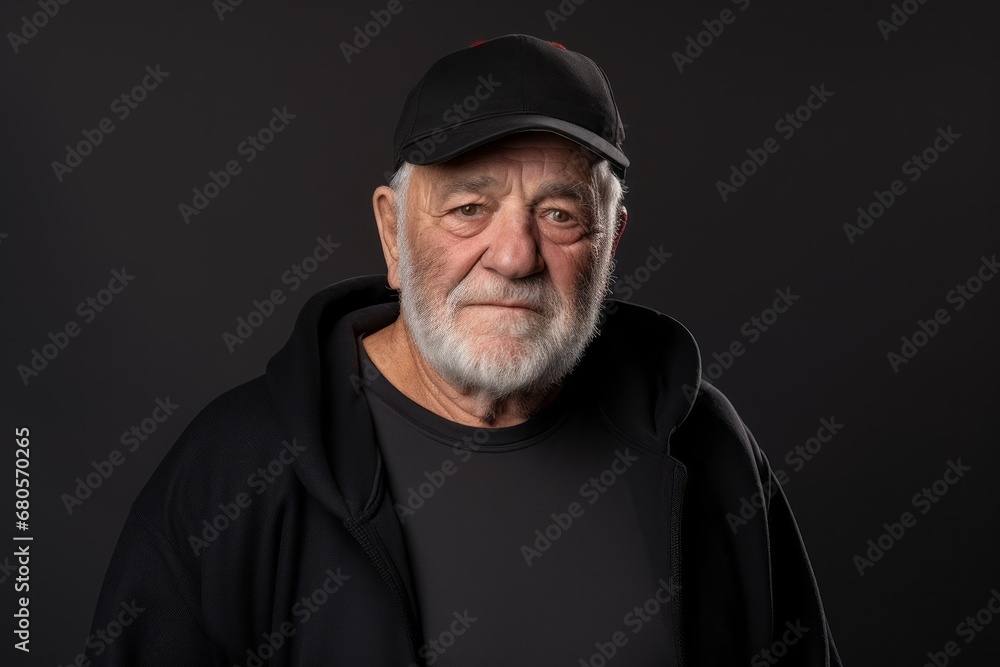 Portrait of a satisfied man in his 70s sporting a comfortable hoodie against a plain cyclorama studio wall. AI Generation Portrait of a satisfied man in his 70s sporting a comfortable hoodie against a plain cyclorama studio wall. AI Generation
