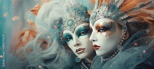 three women in venetian carnival costumes on vibrant background studio shot with copy space