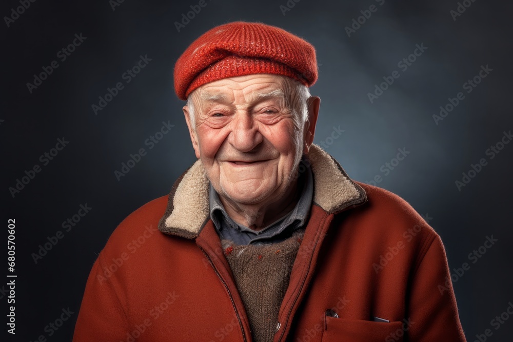 Portrait of a merry elderly man in his 90s dressed in a warm ski hat against a plain cyclorama studio wall. AI Generation Portrait of a merry elderly man in his 90s dressed in a warm ski hat against a plain cyclorama studio wall. AI Generation