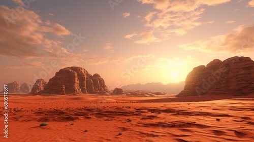 Desert Landscape of Wadi Rum in Jordan, with a sunset, stones, bushes and the sky