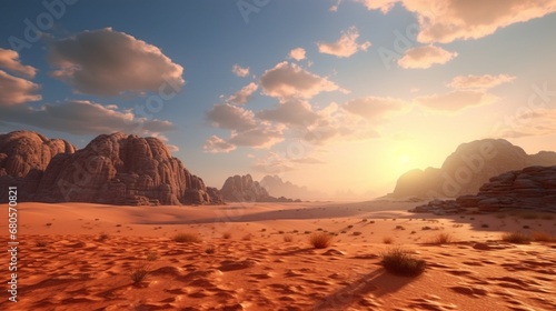 Desert Landscape of Wadi Rum in Jordan, with a sunset, stones, bushes and the sky