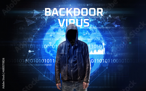 Faceless hacker at work, security concept