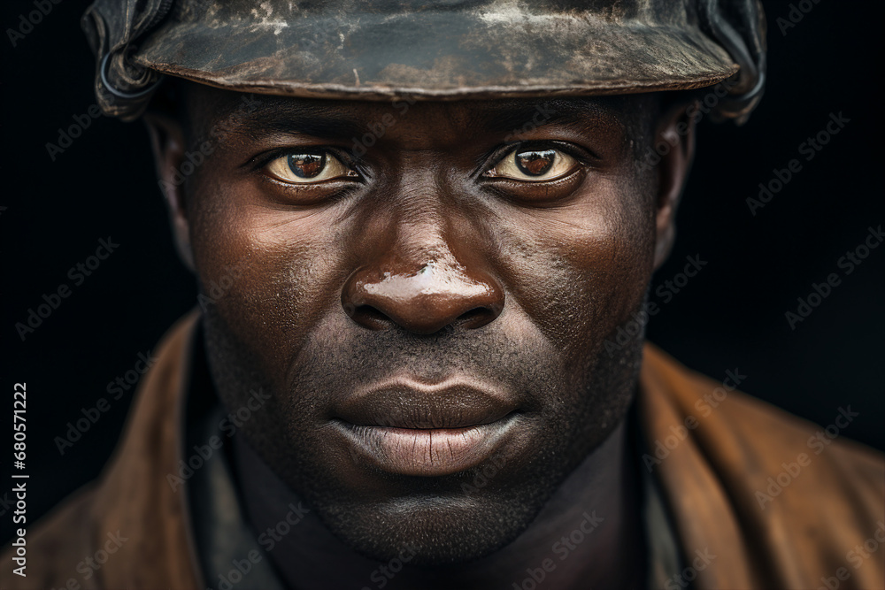 Generative ai technology portrait of mine worker wearing helmet extracting coal resources dirty face