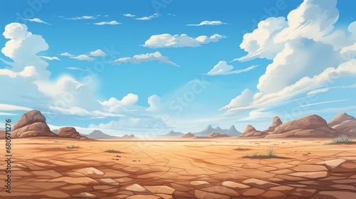Desert landscape with golden sand dunes and stones under blue cloudy sky. Hot dry deserted african or mexican nature background with yellow sandy hills parallax scene  Cartoon vector illustration