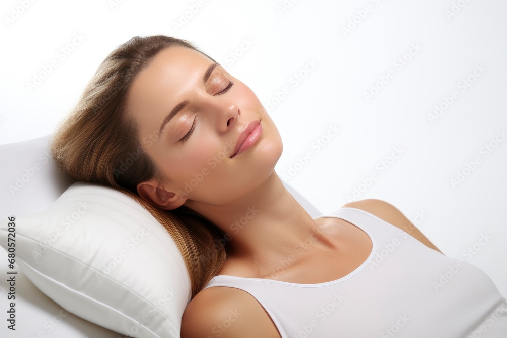 Serene Slumber: A Woman Resting Peacefully on a Soft Pillow with Her Eyes Closed Serene Slumber: A Woman Resting Peacefully on a Soft Pillow with Her Eyes Closed