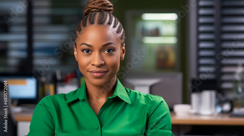 Portrait of Beautiful pretty black woman secretary with stylish hair. Businesswoman looks at the camera and smiles. Office background. Ai generative. photo
