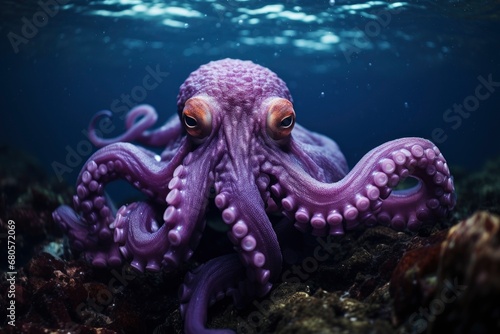 An Octopus Gracefully Gliding Through the Deep Blue Ocean Waters © Karlaage