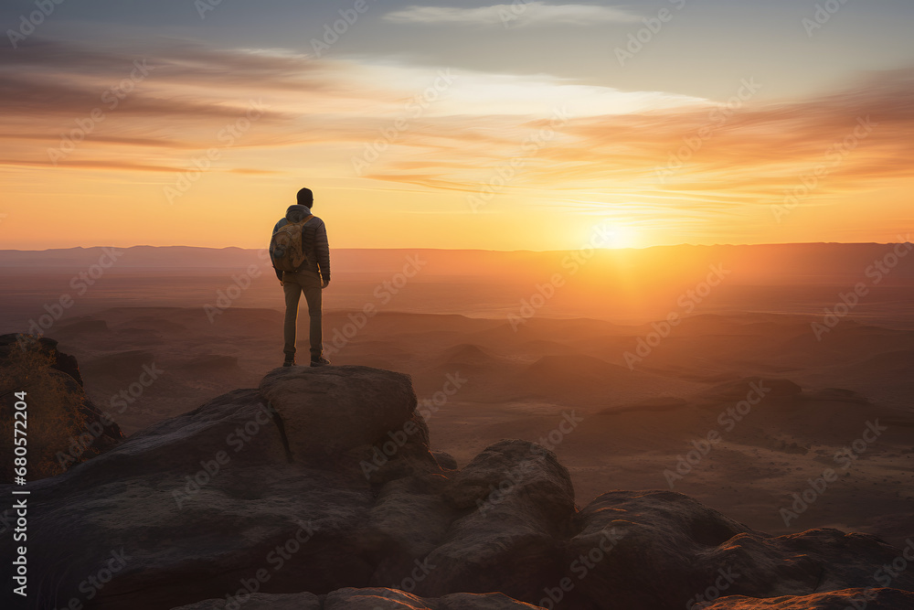 Man standing on a rocky outcropping, overlooking a beautiful sunset, Free blank copy space for text