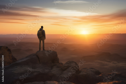 Man standing on a rocky outcropping  overlooking a beautiful sunset  Free blank copy space for text