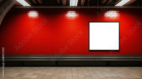 Fototapeta Naklejka Na Ścianę i Meble -  Red subway station with a prominent advertising space under ambient lighting. High-impact marketing concept. Generative AI