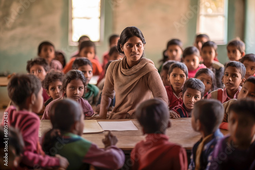 A teacher teaching at a school in India photo