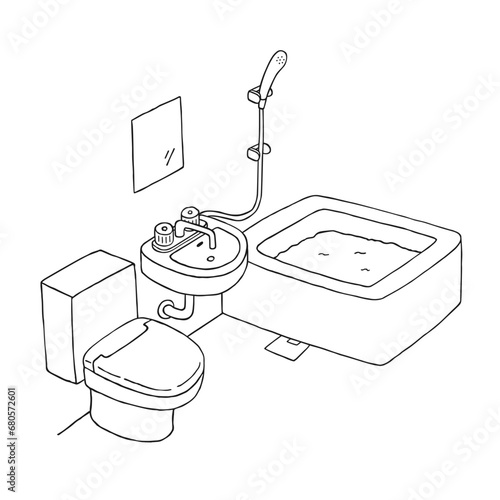 ユニットバスの手描きイラスト（モノクロ）