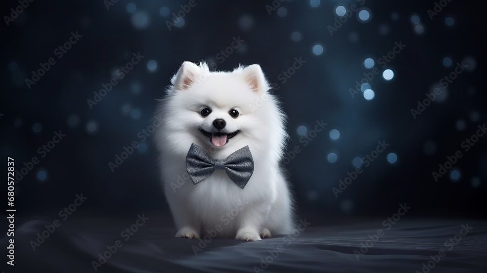 white spitz dog with bow tie.