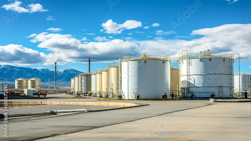 Storage of chemical products like oil, petrol, gas. View oil storage tank terminal and tanker, petrol industrial zone.

 photo