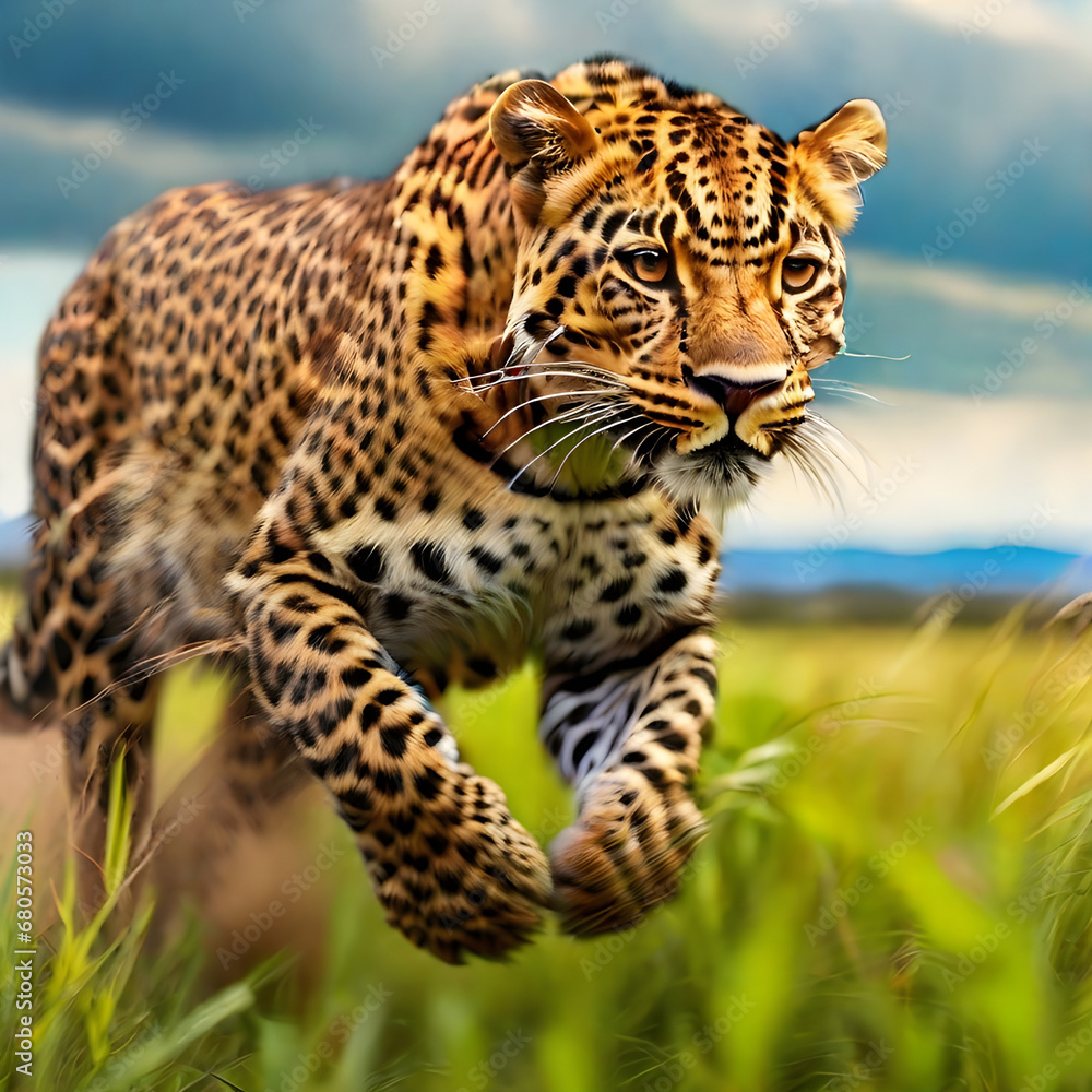 Obraz premium Leopard running in zoom in a large grass field view, cloudy sky, colorful nature