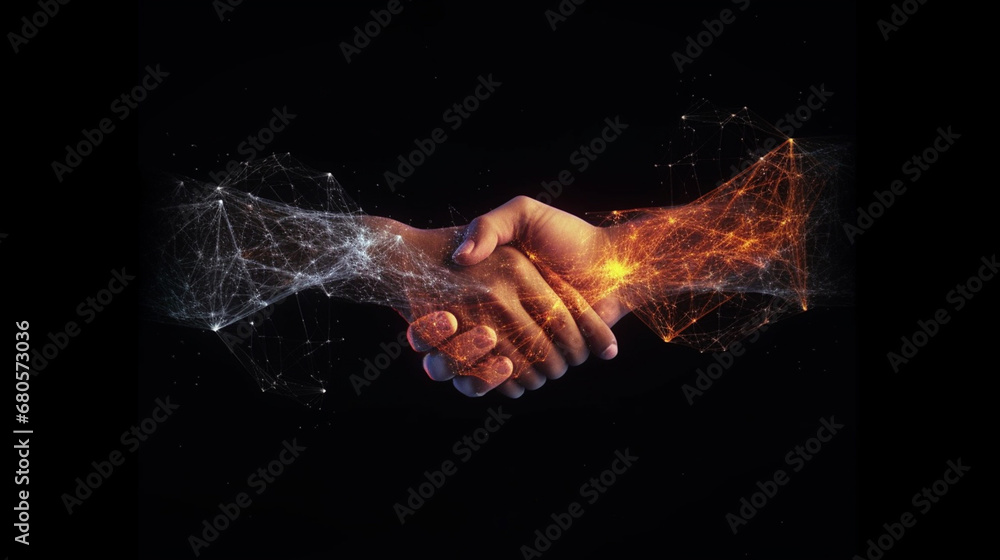 Digital generated human hand and businessman shaking hands.Generative AI