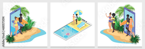 Set of isometric phones with tropical resort with people, pool, beach. vector illustration.