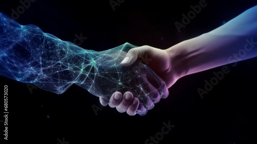 Digital generated human hand and businessman shaking hands.Generative AI photo