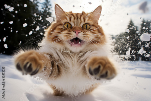 Fluffy human friends small cats playing in the snow outdoors Generative AI cute picture