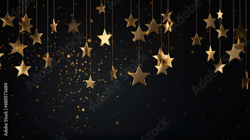Golden stars hanging against dark backdrop. Festive glowing decorations on sparkling lights background