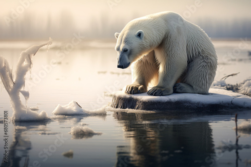 A sad polar bear sitting on a small ice floe depicting the concept of global warming