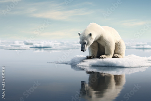 A sad polar bear sitting on a small ice floe depicting the concept of global warming