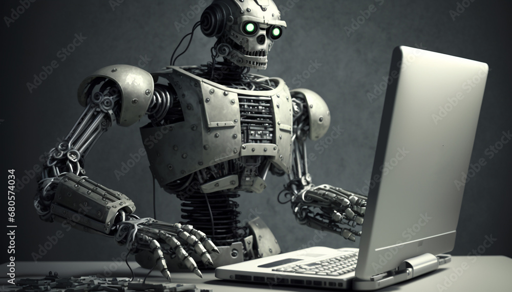 the robot works at the computer.Generative AI the robot works at the computer.Generative AI