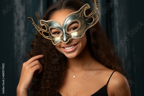 Mysterious young woman wearing carnival mask on vibrant background with space for text