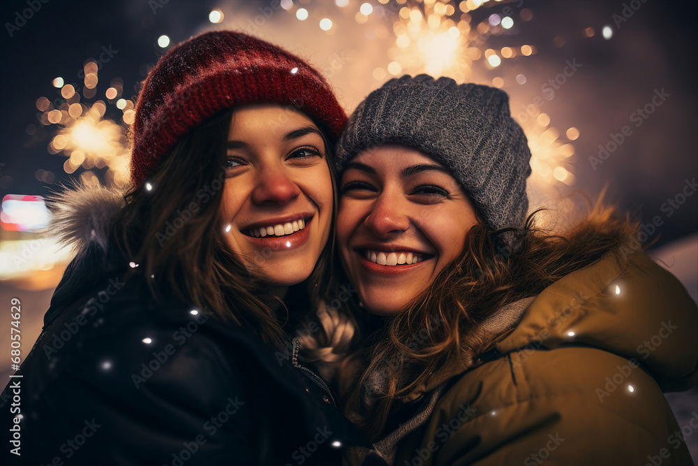 Magic christmas night with snow and fireworks made with Generative AI technology Magic christmas night with snow and fireworks made with Generative AI technology