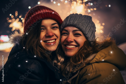 Magic christmas night with snow and fireworks made with Generative AI technology