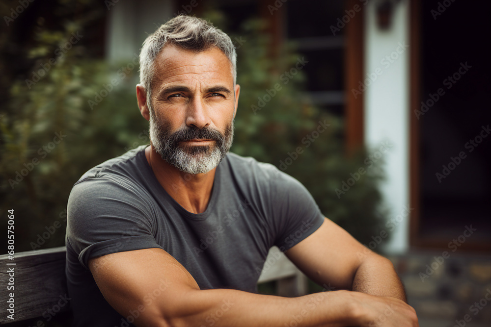 Portrait made with generative AI technology of a handsome confident man sitting on the street Portrait made with generative AI technology of a handsome confident man sitting on the street