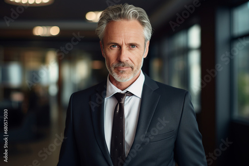 Generative AI photo portrait of handsome successful man in office