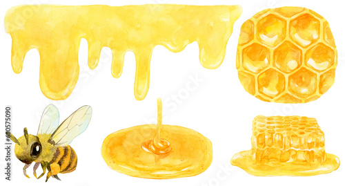 はちみつ 素材集 水彩画 ハニカム 巣みつ 垂れる蜂蜜