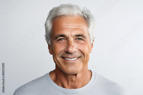 Generative AI picture of cheerful man after whitening teeth procedure in dental clinic isolated on white background photo