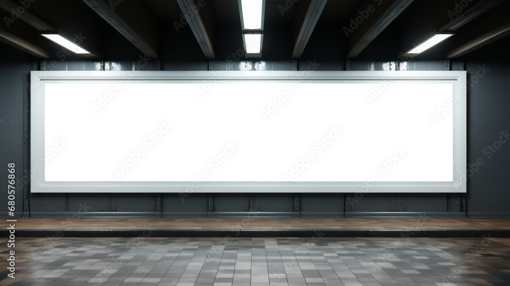 Modern subway station platform with large blank billboard and wooden flooring. Advertisement and architecture concept Generative AI Modern subway station platform with large blank billboard and wooden flooring. Advertisement and architecture concept Generative AI