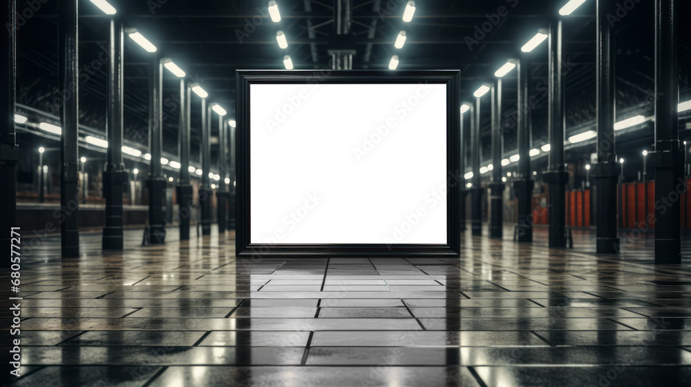 Monochromatic subway platform with a solitary blank billboard, urban advertising. Generative AI - obrazy, fototapety, plakaty 