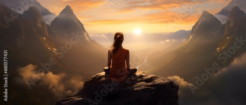 Bergzauber: Junge Frau meditiert in der letzten Abenddämmerung photo