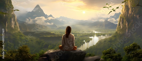 Stille auf dem Gipfel: Frau meditiert in der Abendsonne