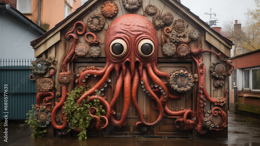 Giant octopus mural enveloping a small building.