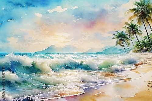 Illustration of the sea and palm trees on the shore in watercolor technique.