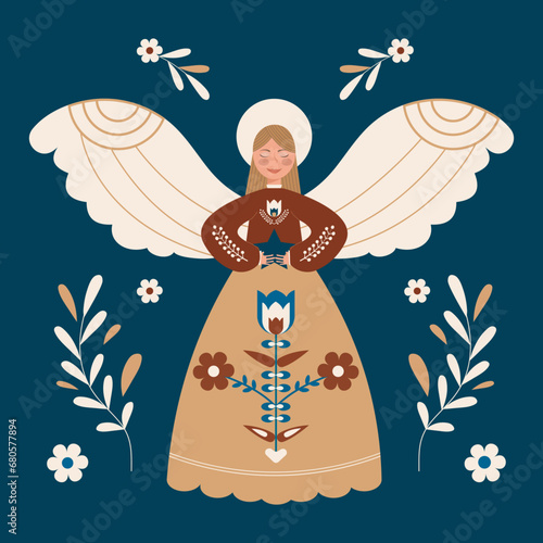 Christmas card. Flying Christmas angel